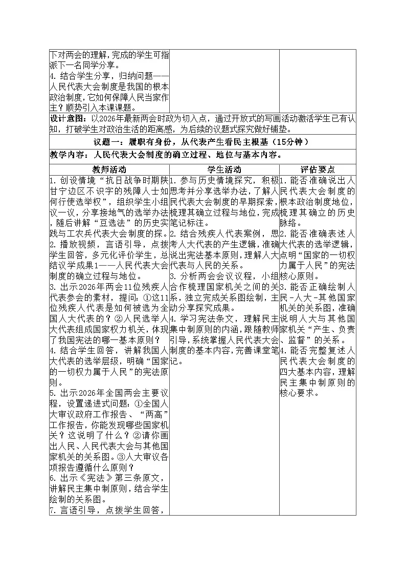 5.1《人民代表大会制度》教案 2025-2026学年统编版道德与法治八年级下册第2页