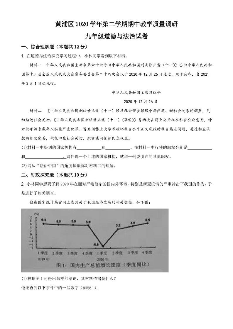 上海市2021年黄浦区中考道德与法治二模含答案 试卷01