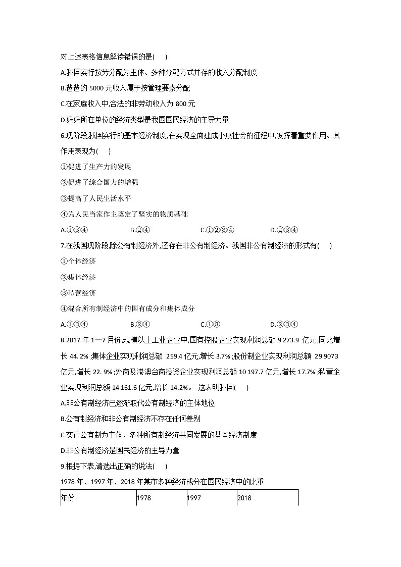人教版道德与法治八年级下册 5.1 基本经济制度 课时作业(答案解析版) 练习02