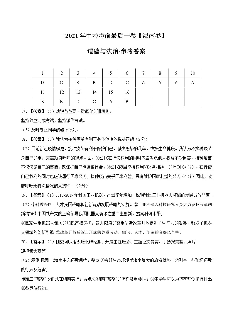 道德与法治-(海南卷)【试题猜想】2021年中考考前最后一卷(考试版+答题卡+全解全析+参考答案)01