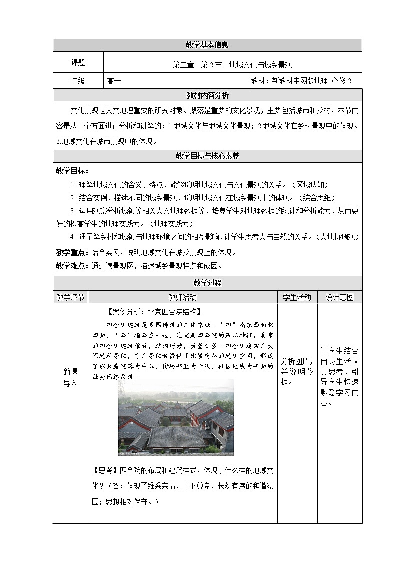 2.2 地域文化與城鄉(xiāng)景觀-地理同步備課教案(新教材中圖版必修第二冊)第1頁
