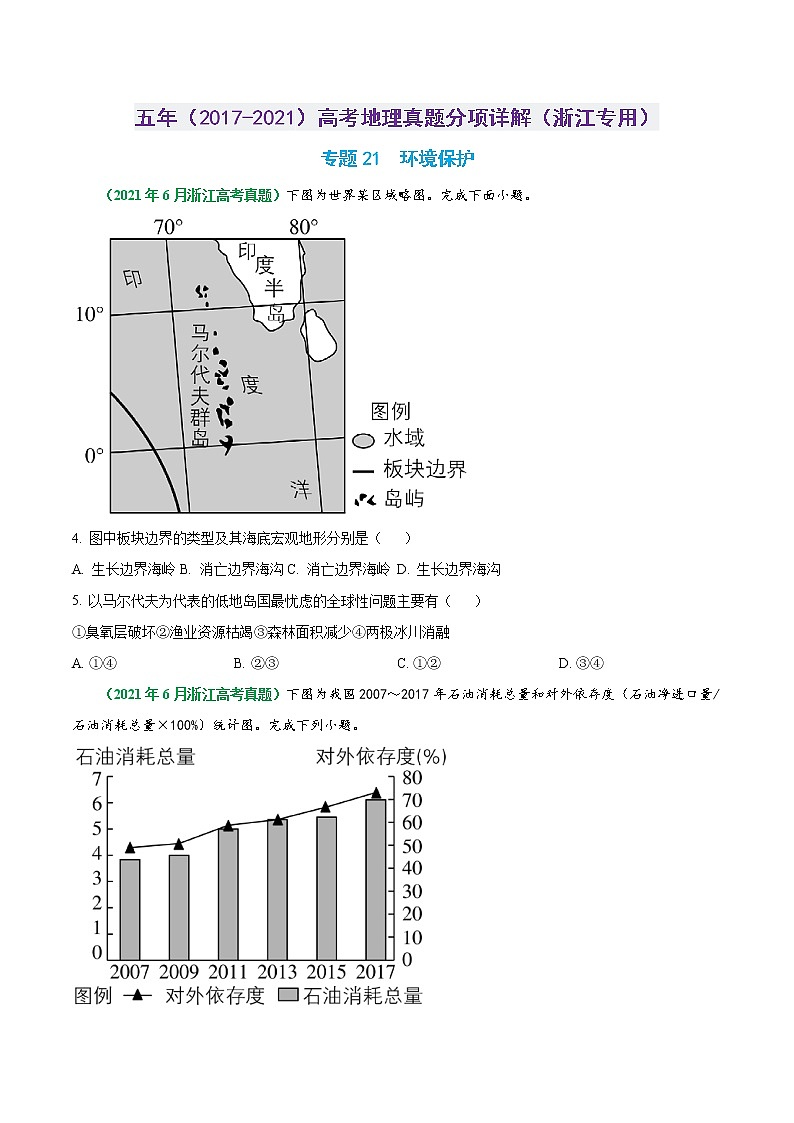 专题21 环境保护-五年(2017-2021)高考地理真题分项详解(浙江专用)(原卷版)无答案01
