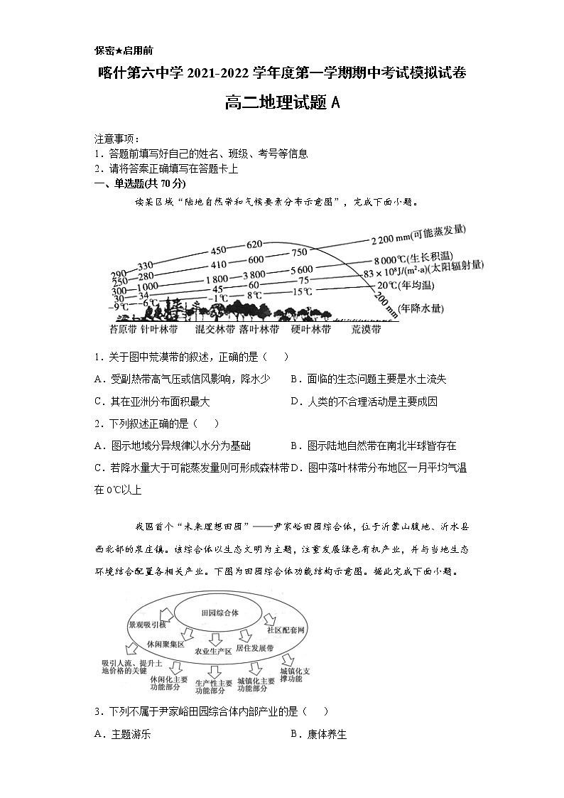 新疆维吾尔自治区喀什第六中学2021-2022学年高二上学期期中模拟地理试题(A卷) 含答案第1页