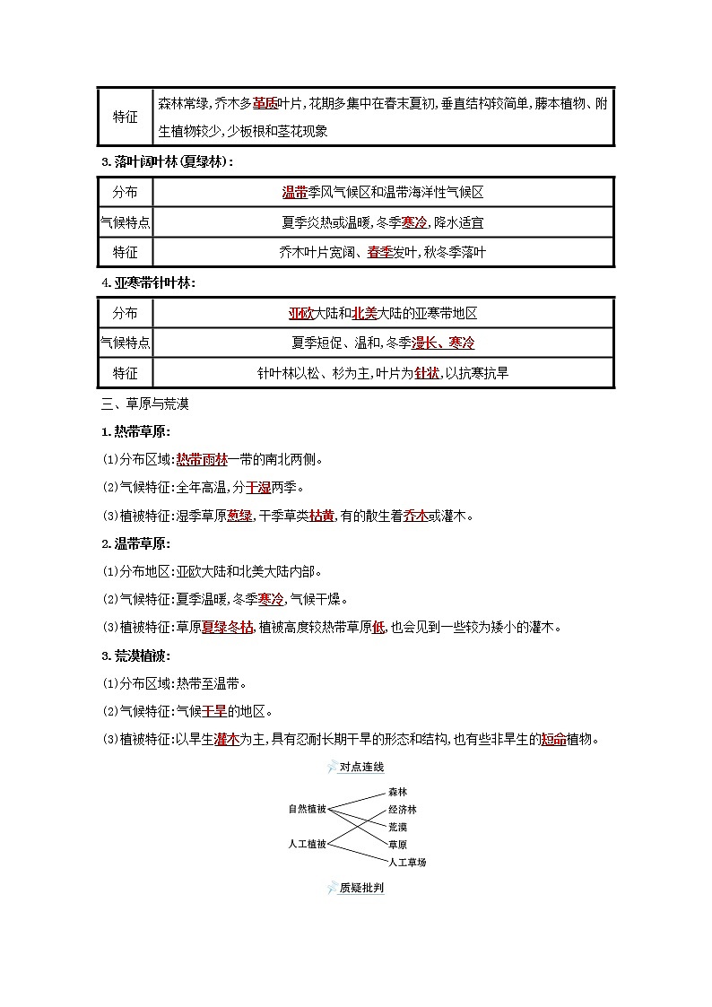 地理人教版(2019)必修一第五章植被与土壤第一节植被学案新人教版必修102