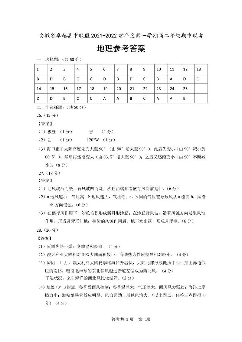 安徽省卓越县中联盟2021-2022学年高二上学期期中联考地理试题图片版含答案01