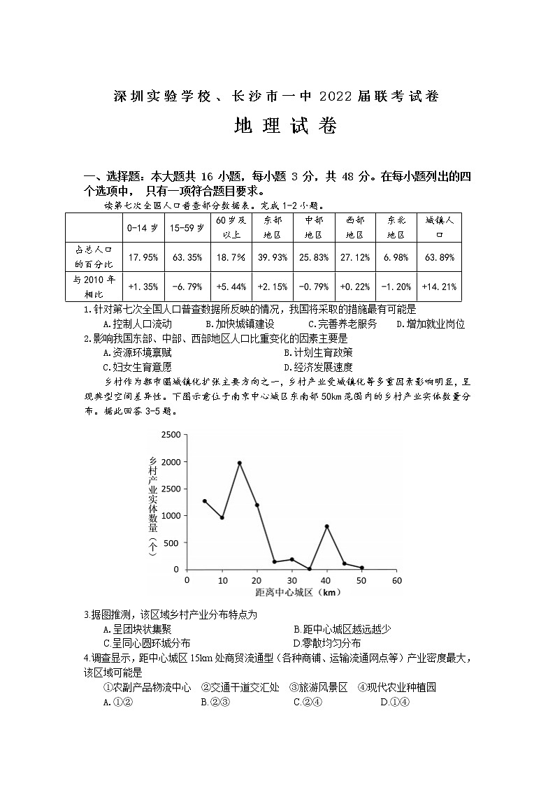 广东省深圳实验学校、长沙市一中2022届高三上学期联考地理试题含答案第1页