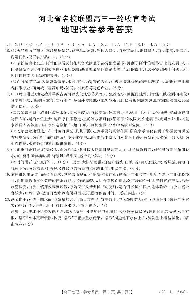 河北省名校联盟2022届高三上学期一轮收官考试地理试题扫描版含答案01