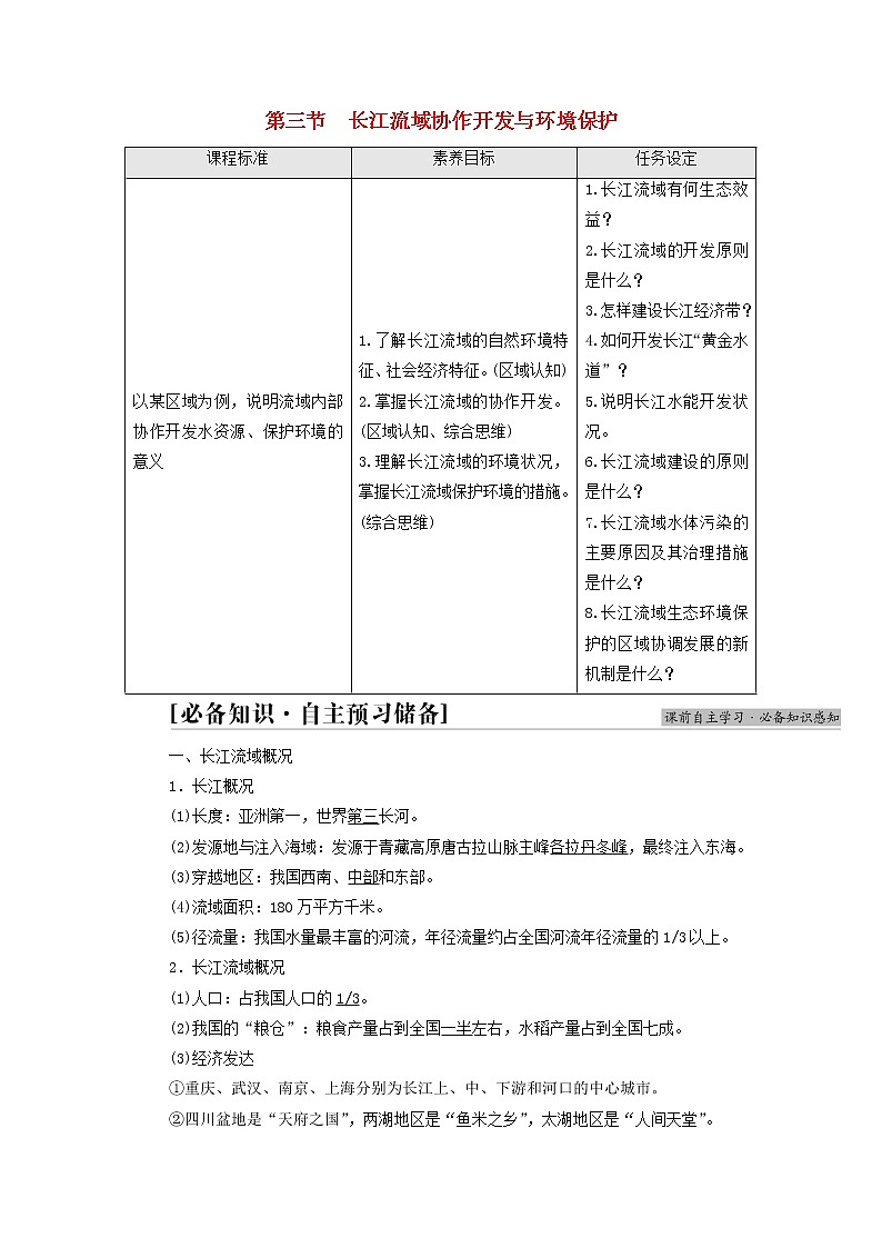 高中地理第3章區(qū)域合作第3節(jié)長江流域協(xié)作開發(fā)與環(huán)境保護學案湘教版選擇性必修第1頁