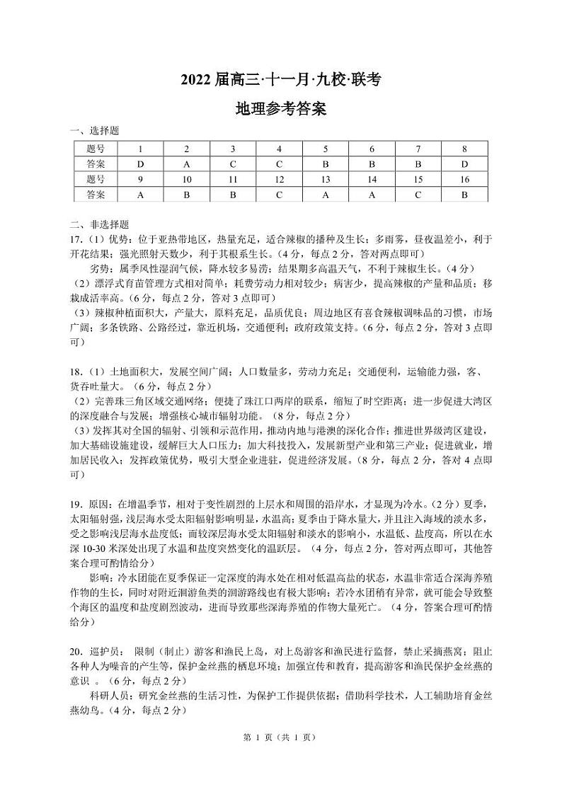 2022届广东省韶关市北江中学等九校高三上学期11月联考地理试题 PDF版含答案01