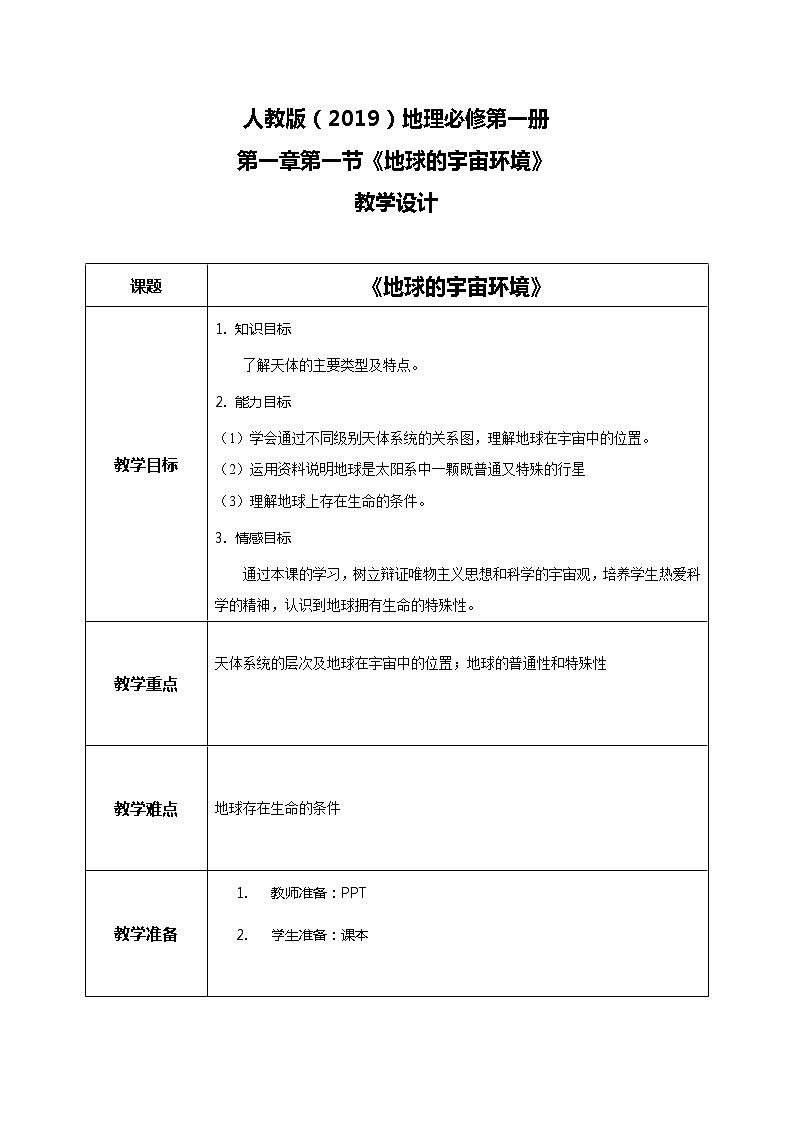 1.1地球的宇宙環(huán)境教學(xué)設(shè)計(jì)  人教版（2019）必修第一冊(cè)第1頁(yè)