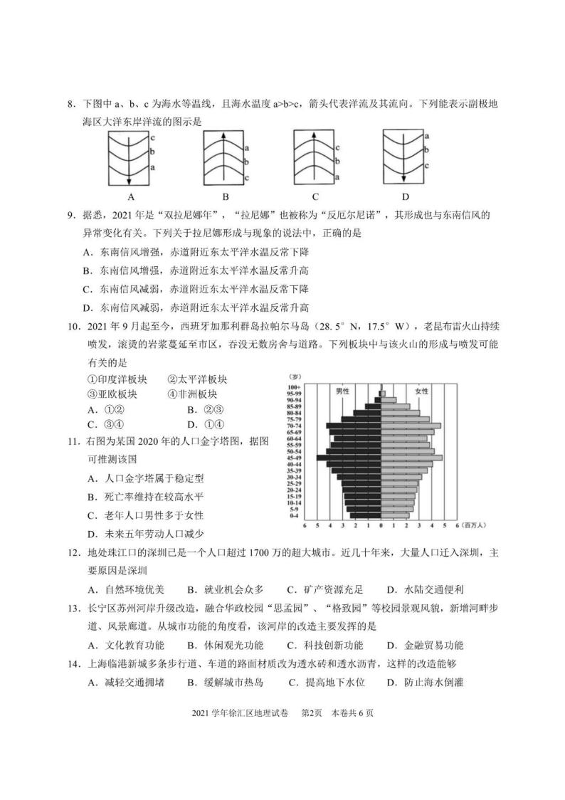 上海市徐汇区2021-2022学年高三（二）上学期一模等级考地理试卷（无答案）02