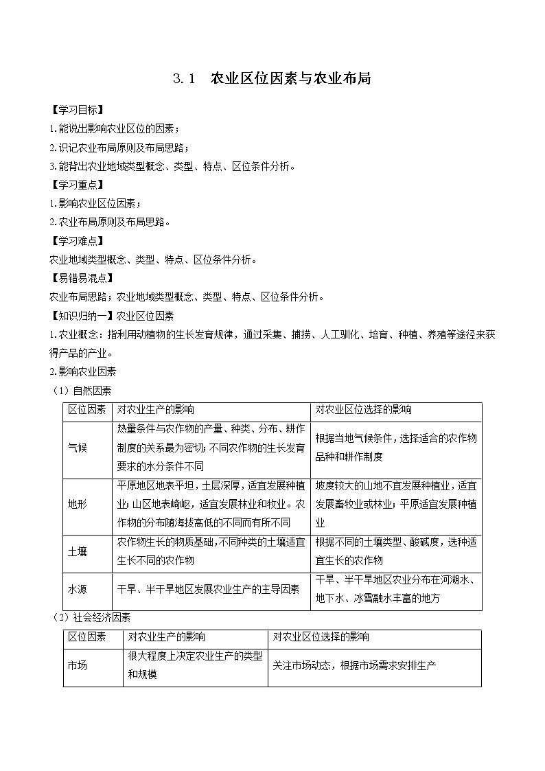 3.1 農業(yè)區(qū)位因素與農業(yè)布局(學案) 高中地理新湘教版必修第二冊(2022年)第1頁