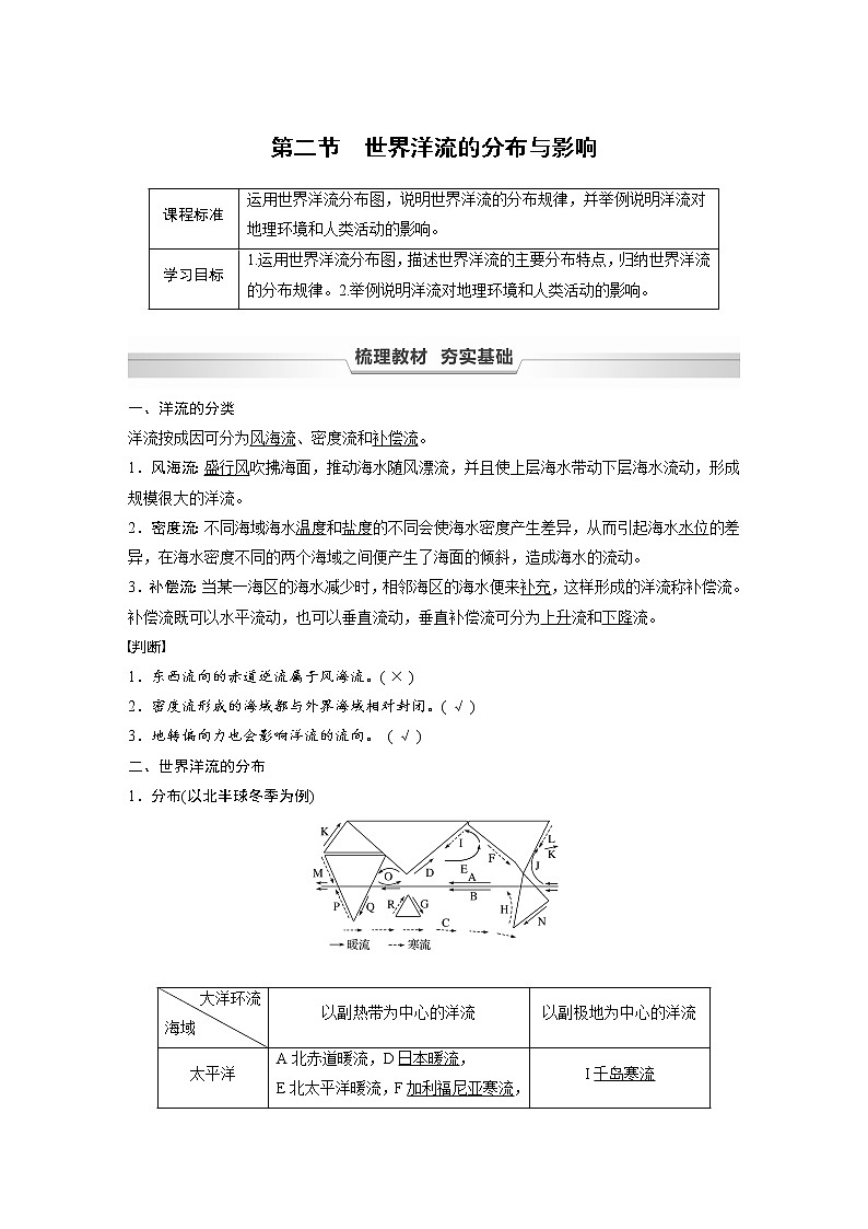 2021-2022学年高中地理新中图版选择性必修1 第四章 第二节 世界洋流的分布与影响 教案01