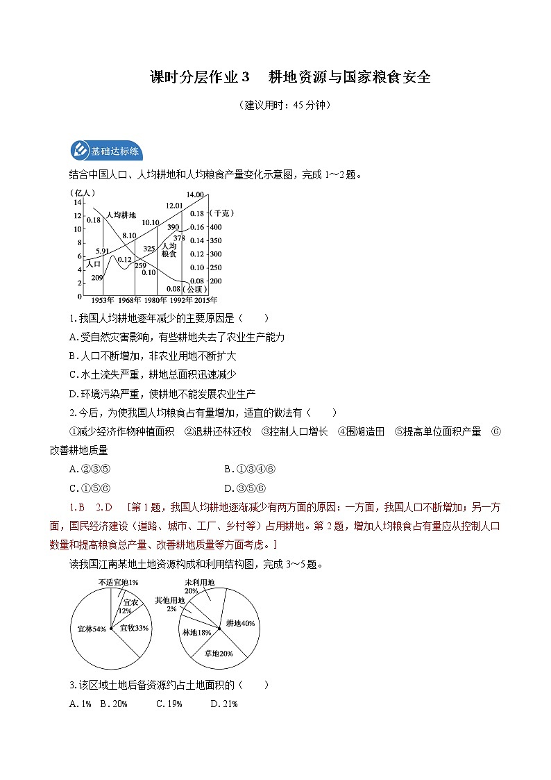 課時分層作業(yè) 3 耕地資源與國家糧食安全 同步練習 高中地理新湘教版選擇性必修3(2022年)第1頁