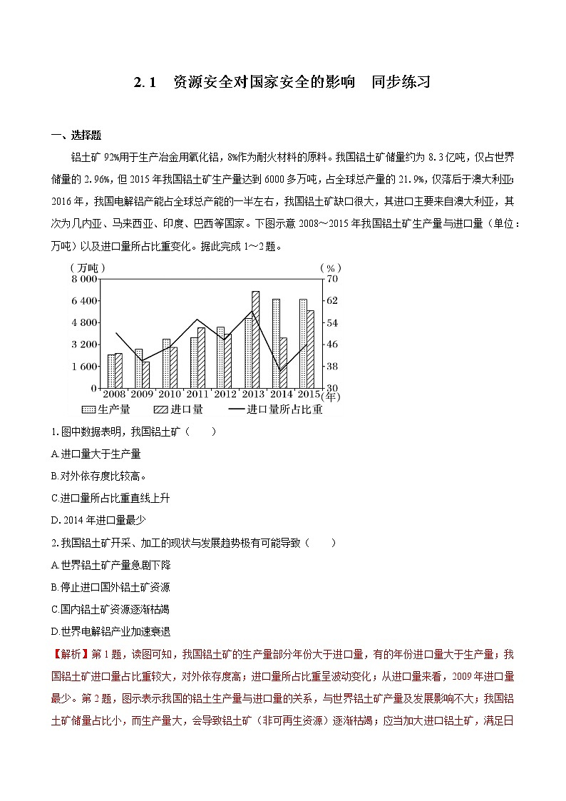 2.1 资源安全对国家安全的影响 (同步训练) 高中地理新人教版选择性必修3(2022年)第1页