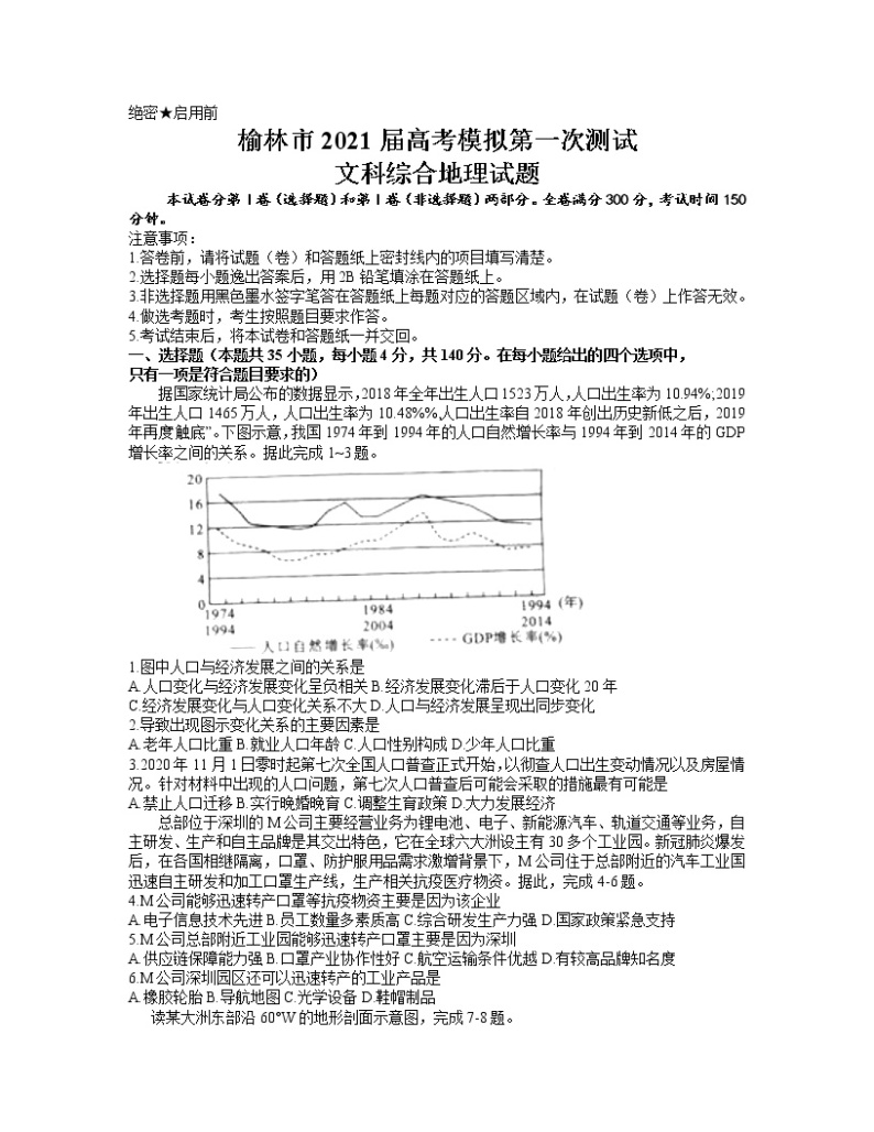 陕西省榆林市2021届高三下学期第二次高考模拟测试文科综合地理试题【含答案】01