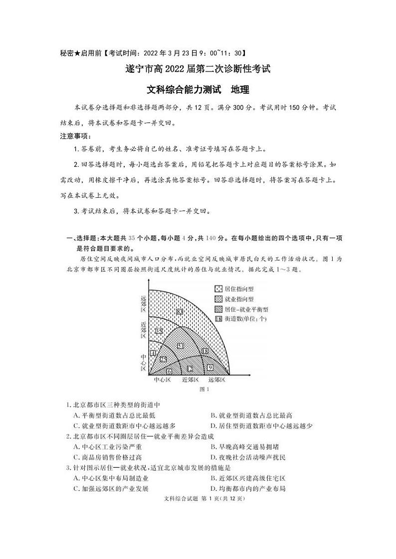 遂宁市2022届高三第二次诊断性考试 文综地理第1页