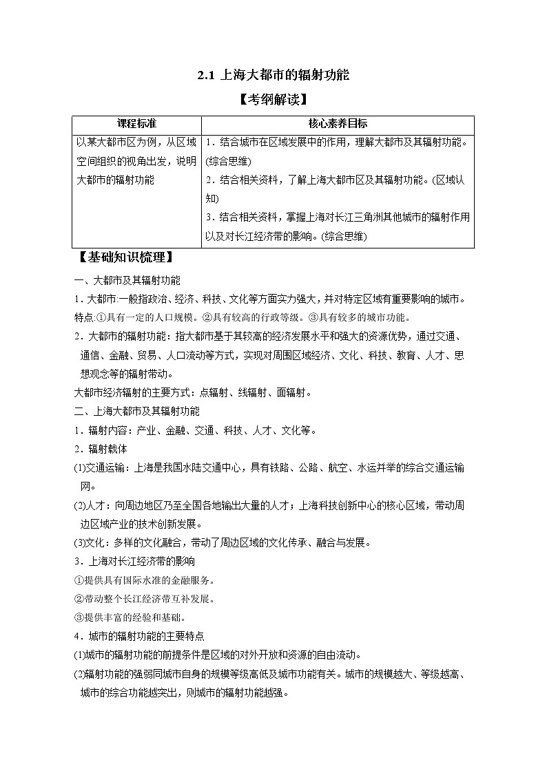 2.1上海大都市的輻射功能 習(xí)題 高中地理 新中圖版選擇性必修2（教師版）（2022年）第1頁(yè)