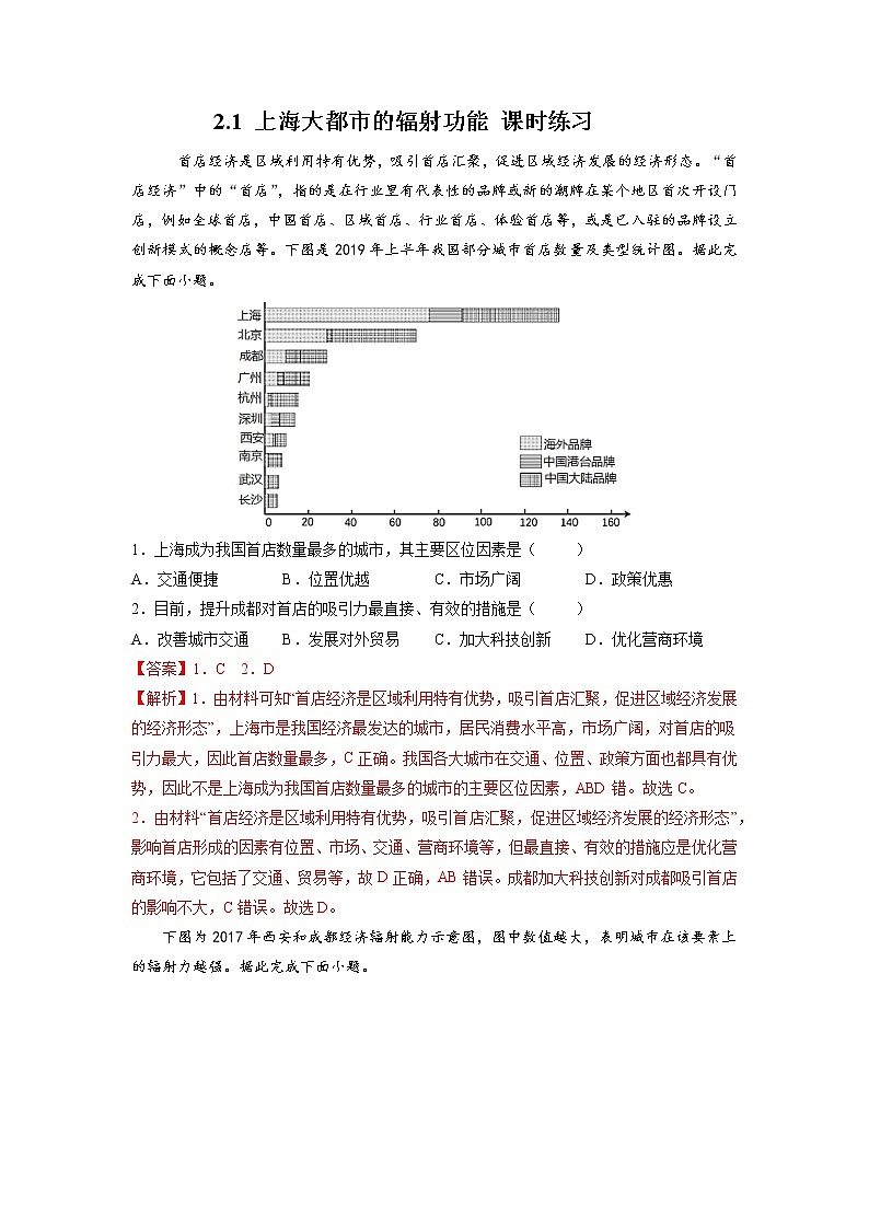 2.1上海大都市的辐射功能(课时练习)高中地理 新中图版选择性必修2(2022年)01