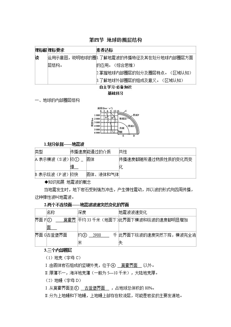 1.4地球的圈层结构学案2021-2022学年人教版(2019)地理必修第一册01