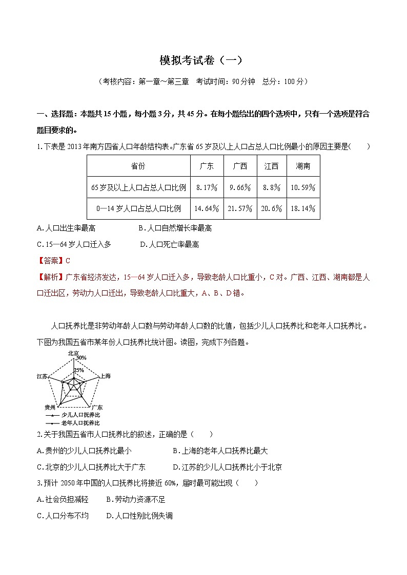 模拟考试卷(一)  高中地理新中图版必修第二册(2022年)第1页