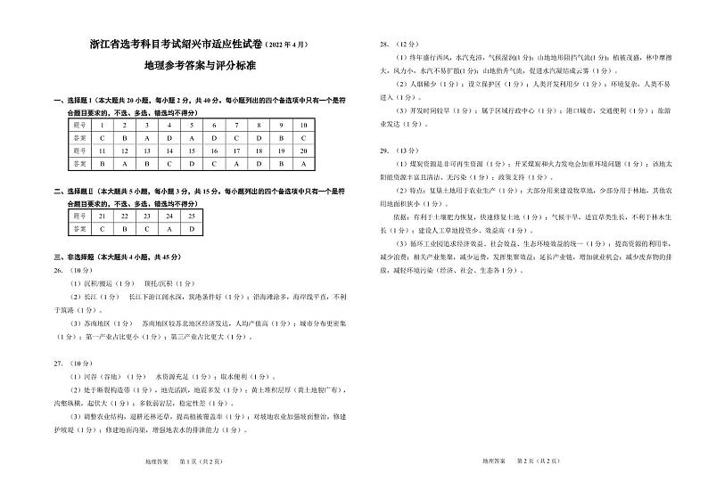 绍兴市2022年4月高三地理答案(定稿)第1页