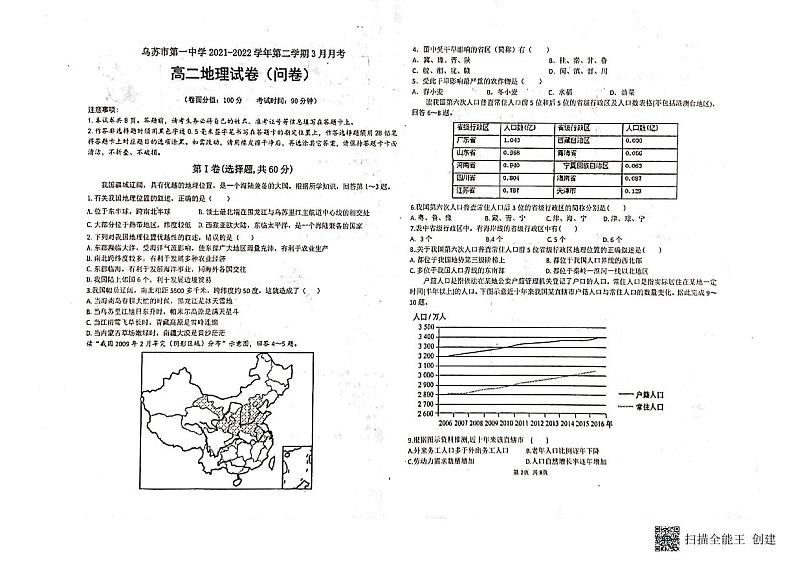 2022塔城地区乌苏第一中高二3月月考地理试题PDF版无答案第1页