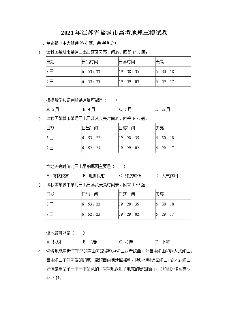 2021届江苏省盐城高三三模地理试卷无答案01