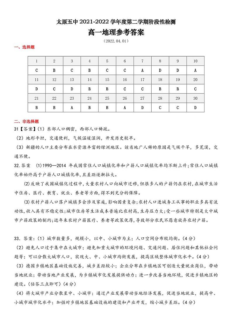 2021-2022学年山西省太原市第五中学高一下学期4月阶段性检测 地理 PDF版01