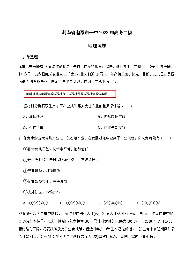 2022届湖南省湘潭市一中高考二模地理试卷含答案01