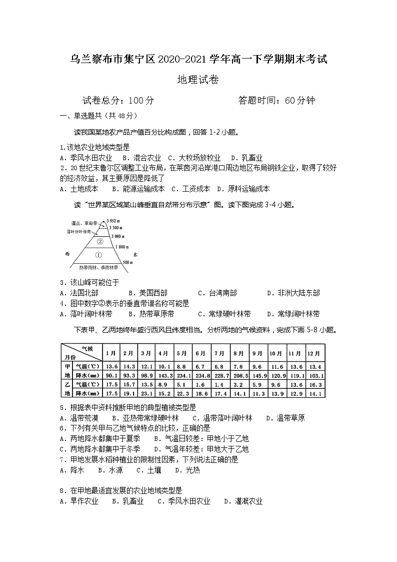 2021自治区乌兰察布集宁区高一下学期期末考试地理试题含答案第1页