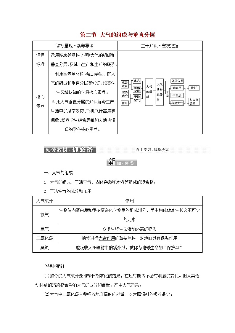 中图版高中地理必修第一册第二章自然地理要素及现象第二节大气的组成与垂直分层学案01