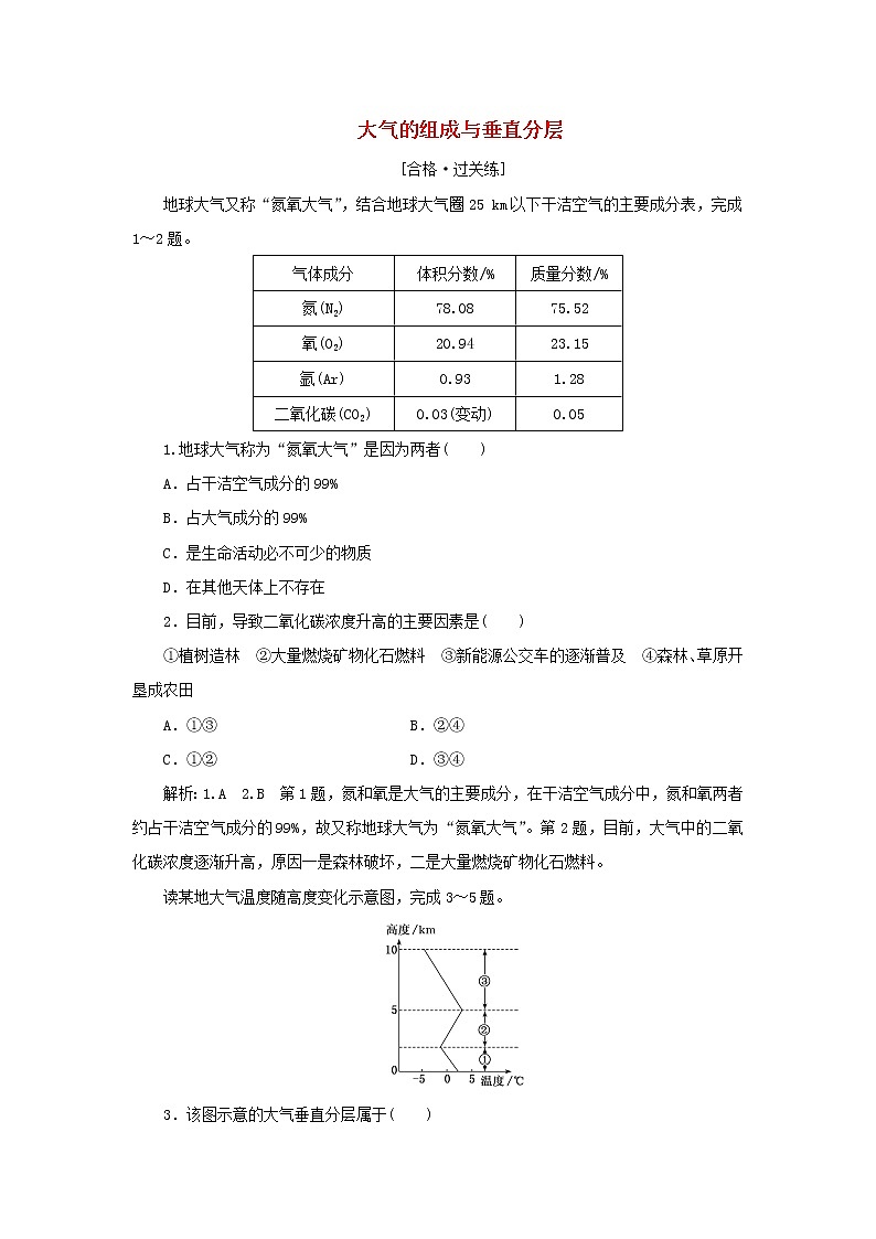 中图版高中地理必修第一册课时检测6大气的组成与垂直分层含解析第1页
