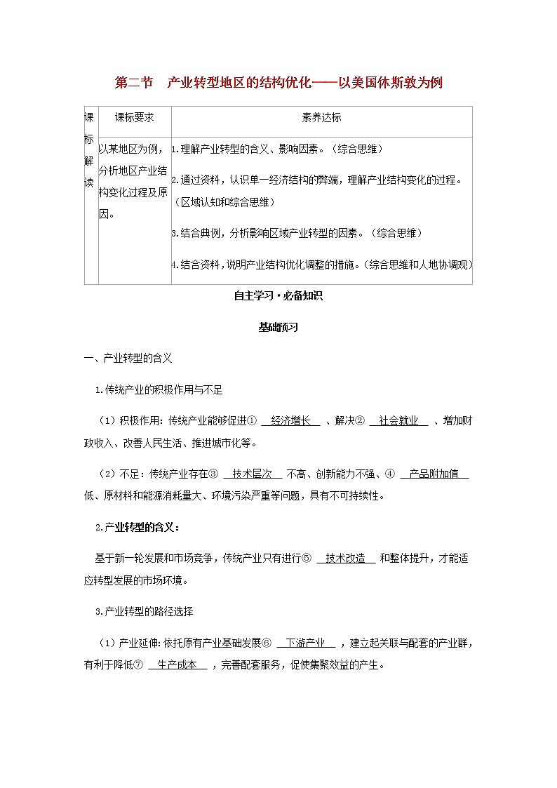 湘教版高中地理选择性必修第二册第二章区域发展第二节产业转型地区的结构优化__以美国休斯敦为例学案01