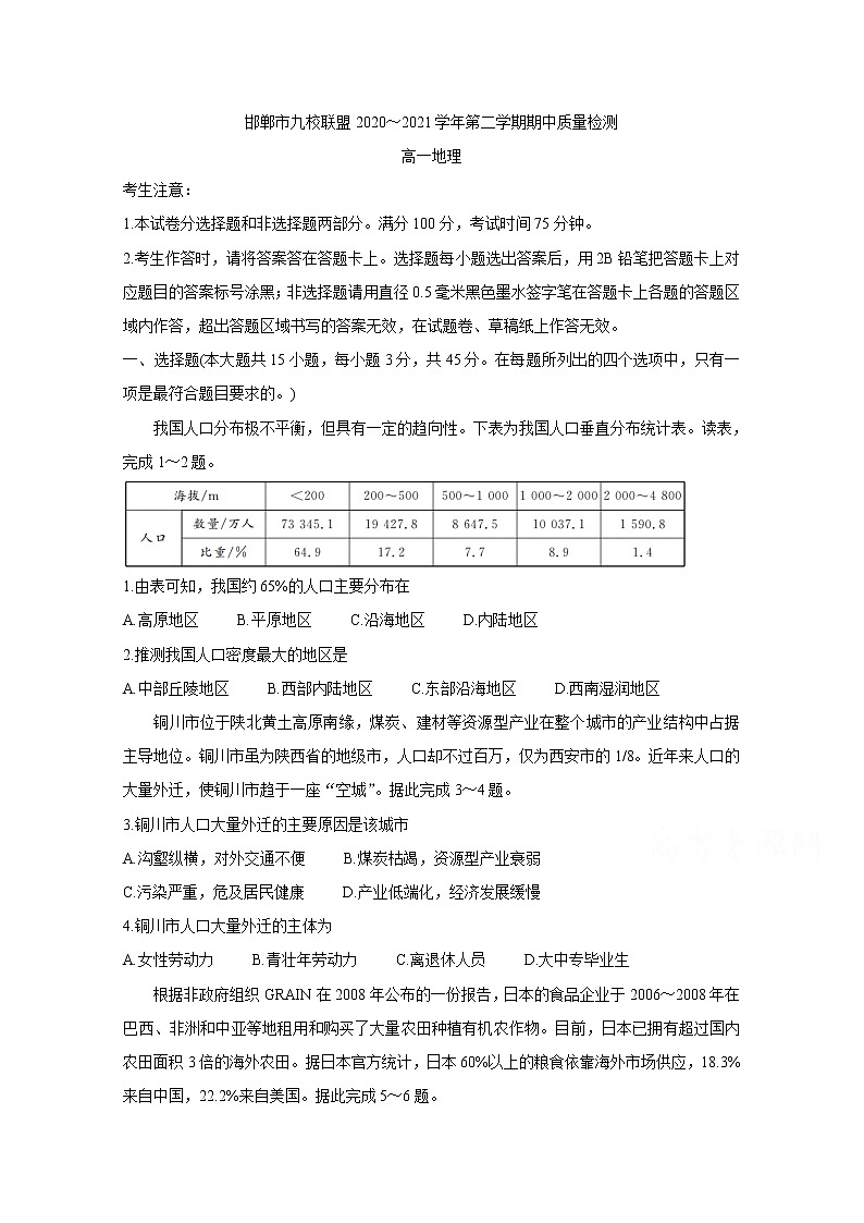 2021邯郸九校联盟高一下学期期中考试地理含答案01