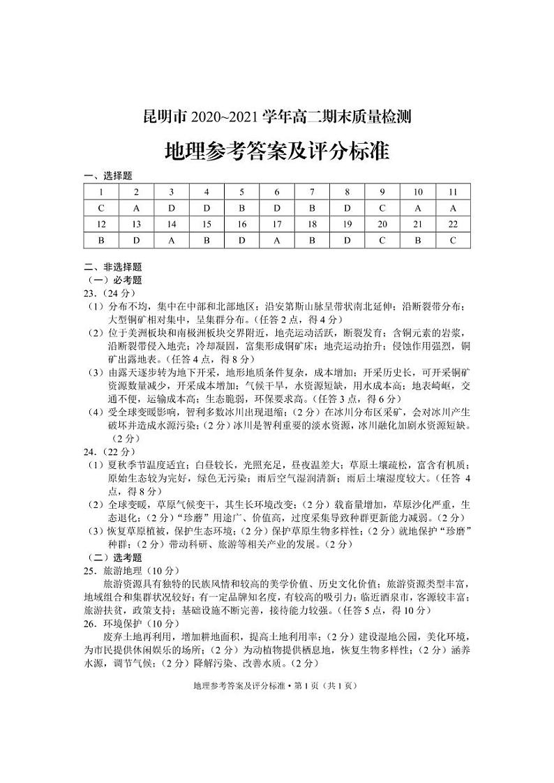 2021昆明高二下学期期末地理试题PDF版含答案01