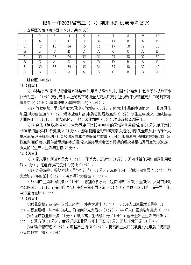 高二期末地理试卷答案第1页