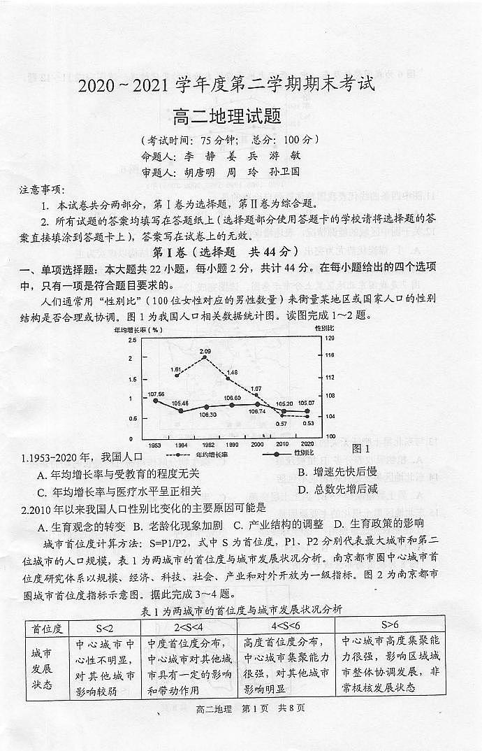 江苏省泰州市2020-2021学年高二下学期期末考试地理试题(扫描版)第1页