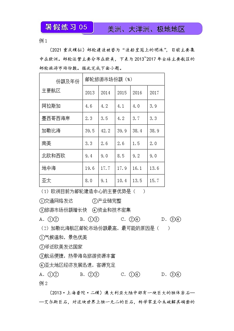 【地理】2021-2022学年下学期高二暑假巩固练习5 美洲、大洋洲、极地地区 学生版第1页