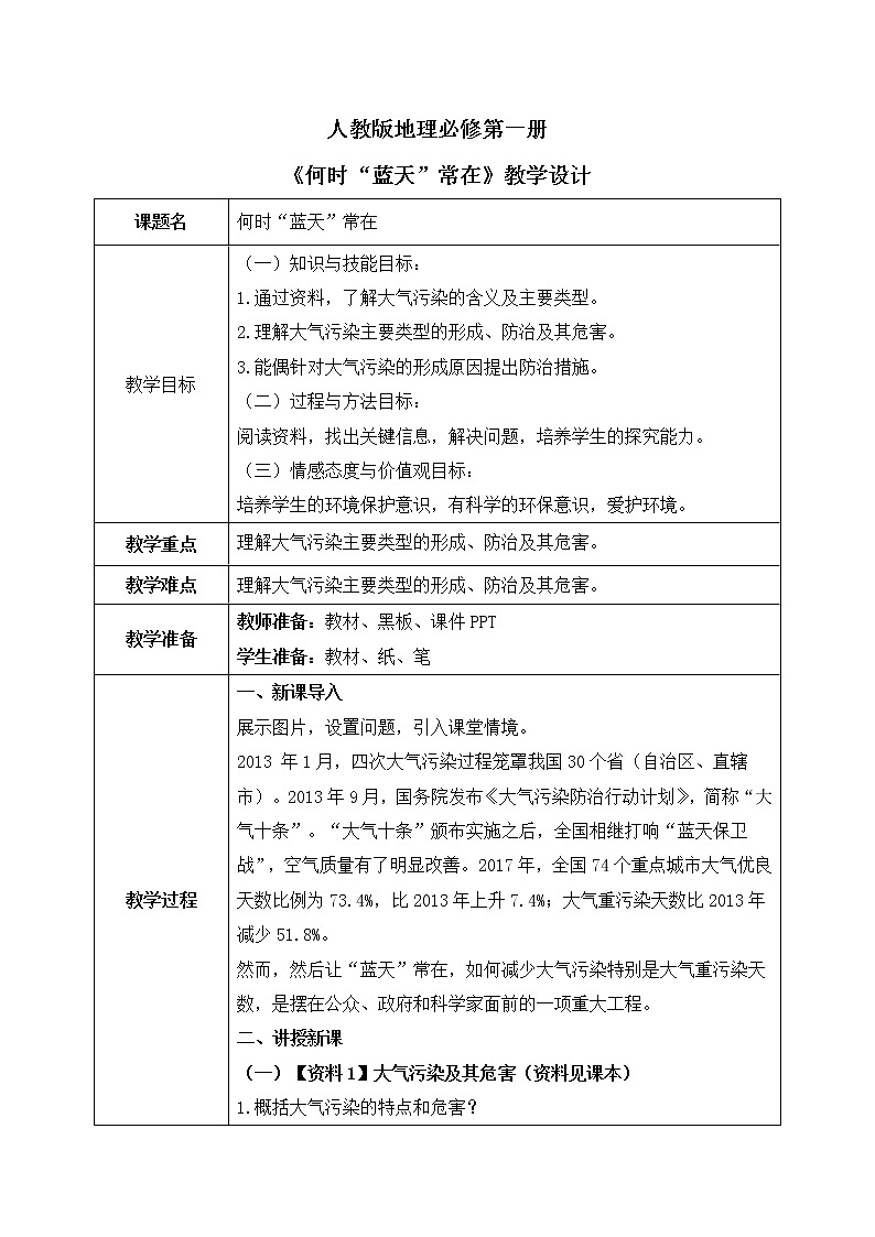 人教2019地理必修一第二章问题研究《何时“蓝天”常在》PPT+教案01