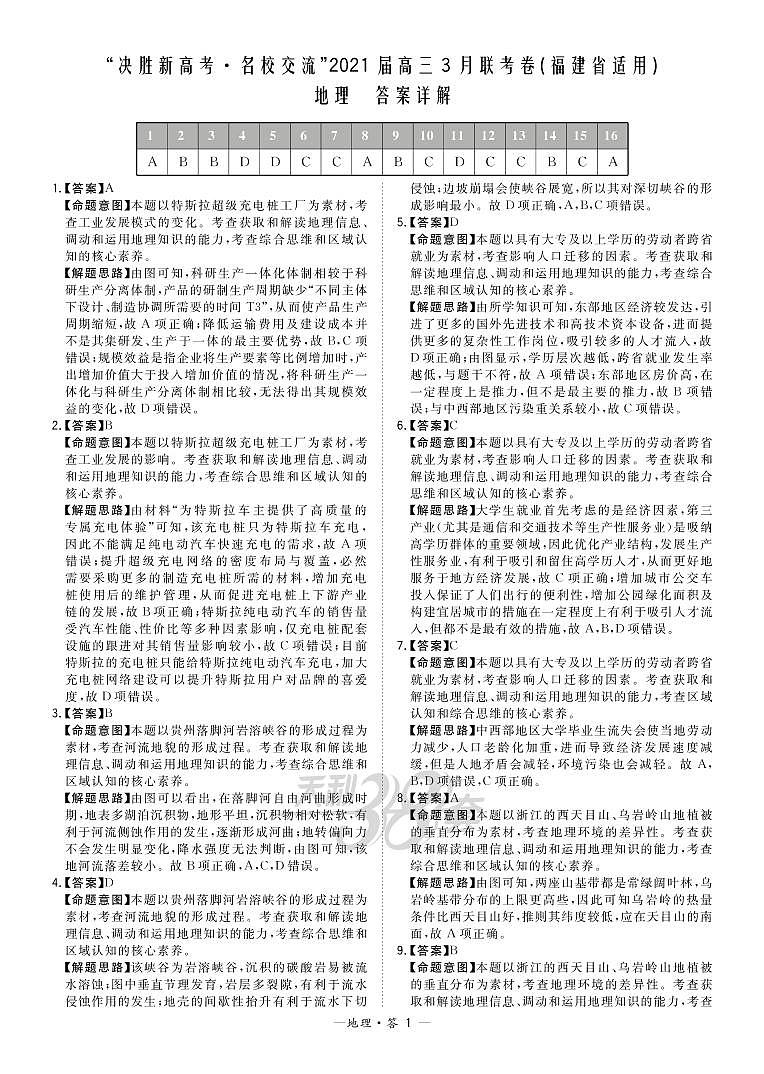2021福建省“决胜新高考・名校交流“高三下学期3月联考试题地理PDF版含解析01