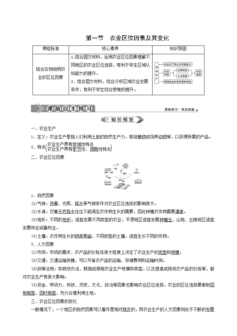 人教版高中地理必修第二册 第3章产业区位因素第1节农业区位因素及其变化教案第1页