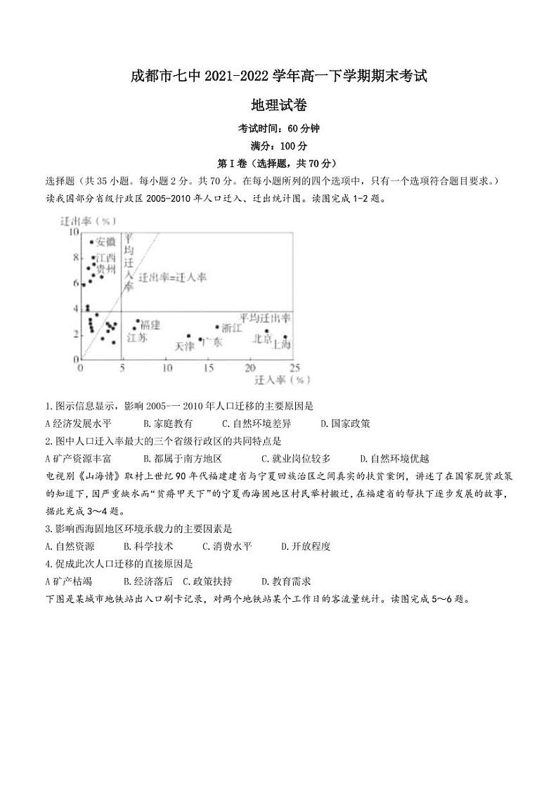 2021-2022学年四川省成都市七中高一下学期期末考试地理试题(PDF版)第1页