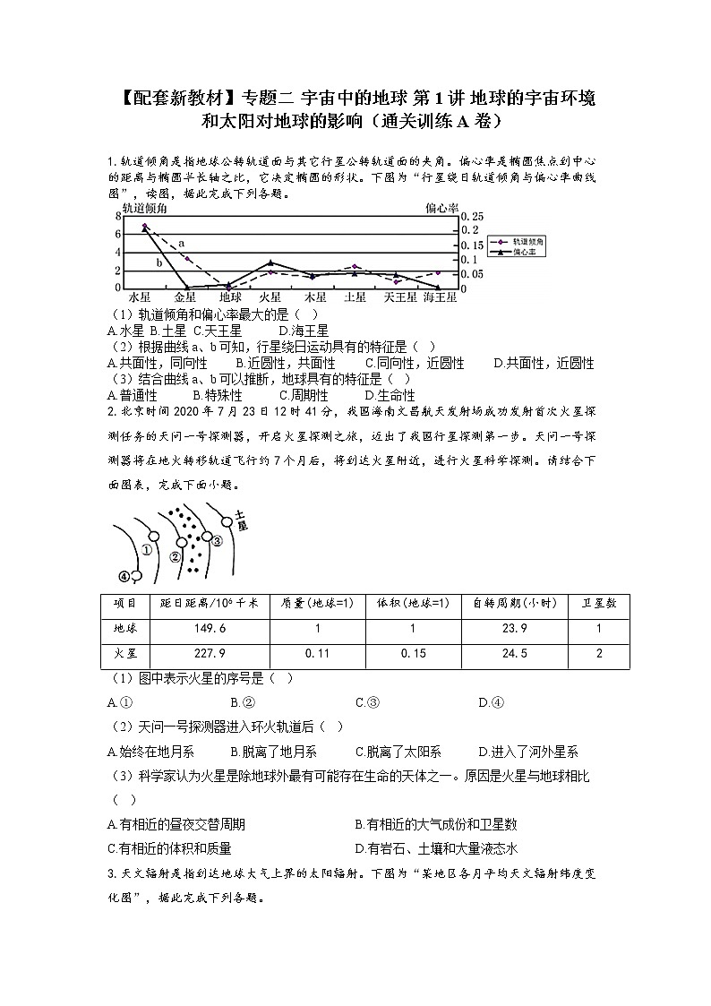 专题二 宇宙中的地球 第1讲 地球的宇宙环境和太阳对地球的影响(通关训练A卷)--高考地理一轮复习讲学一站通关第1页