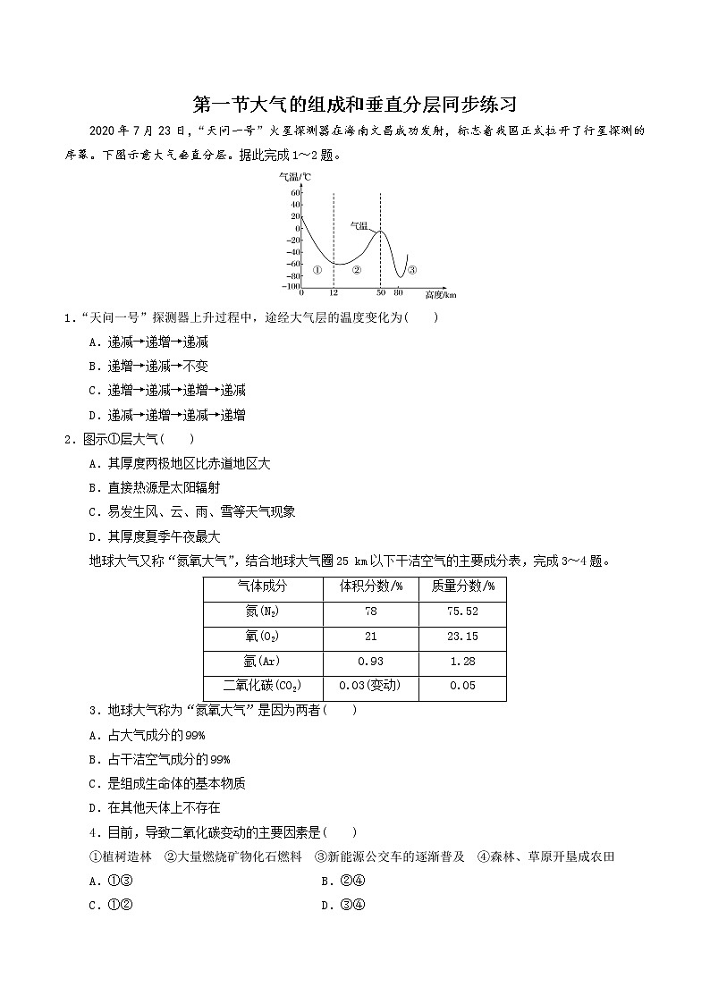 2.1大气的组成和垂直分层(精选练习)-2022-2023学年高一地理人教版2019必修第一册同步备课系列01