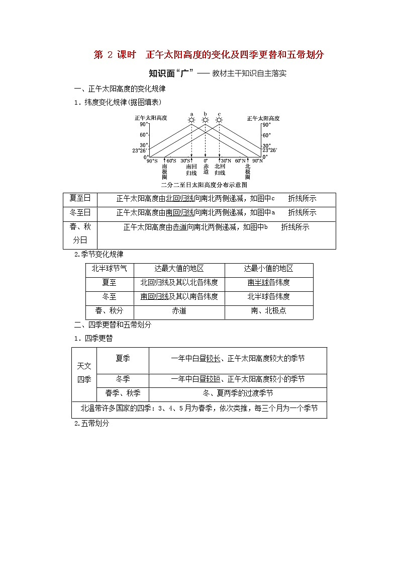 新课标2023版高考地理一轮总复习第二章宇宙中的地球第四节地球公转及其地理意义第2课时正午太阳高度的变化及四季更替和五带划分教师用书第1页