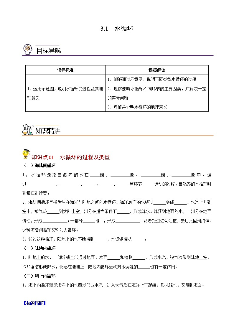 高中地理必修一 3.1 水循环(无答案)第1页