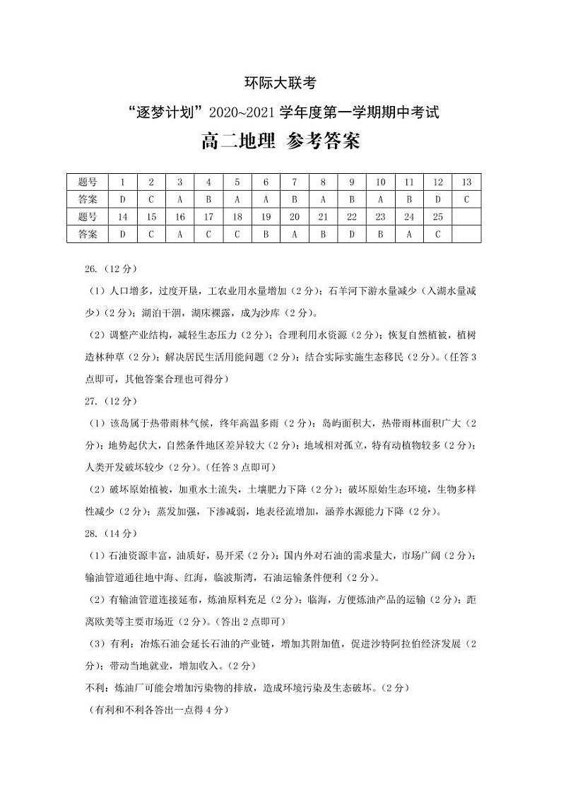 河南省驻马店市2020-2021学年高二上学期11校期中联考地理答案第1页