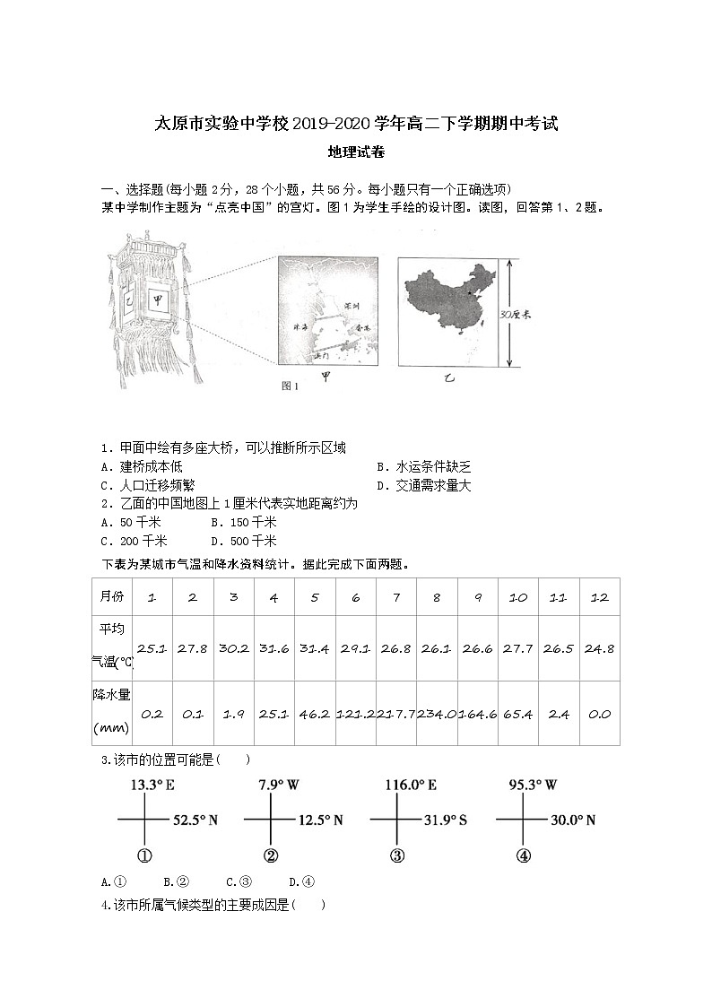 2020太原实验中学校高二下学期期中考试地理试题含答案第1页