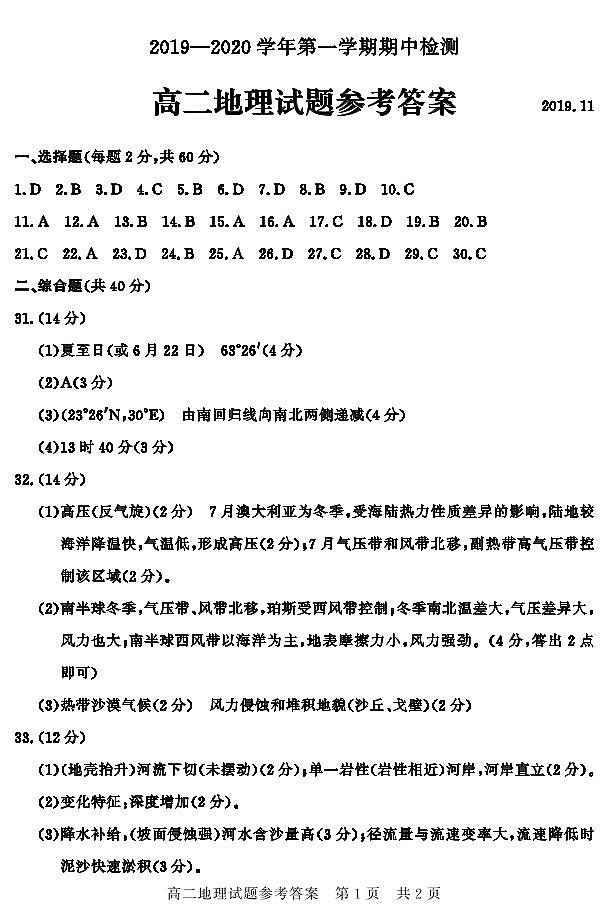 2020济宁兖州区高二上学期期中检测地理试题PDF版含答案01